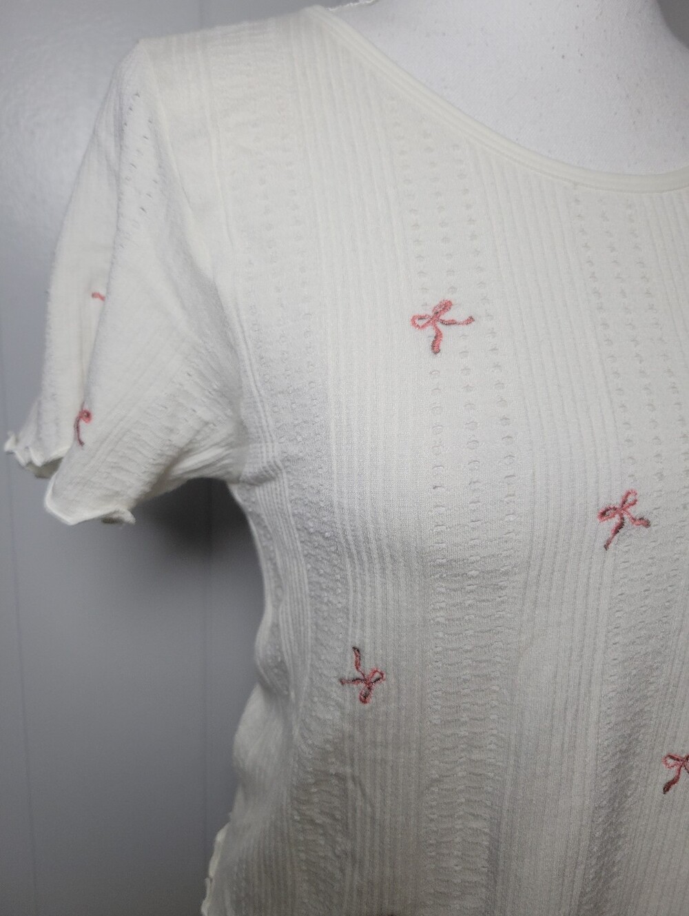 NWT Anthropologie Pointelle Babydoll T Shirt Dainty Embroidered Floral Crop L/XL - Picture 6 of 12